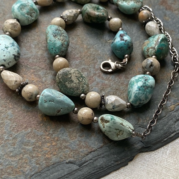 Rustic beauty river rock necklace .925 silver beaded green tan silver accents - Picture 6 of 8